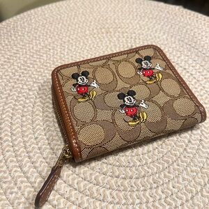 Coach Mickey Mouse Zip Wallet in Brown/Tan with Gold Hardware